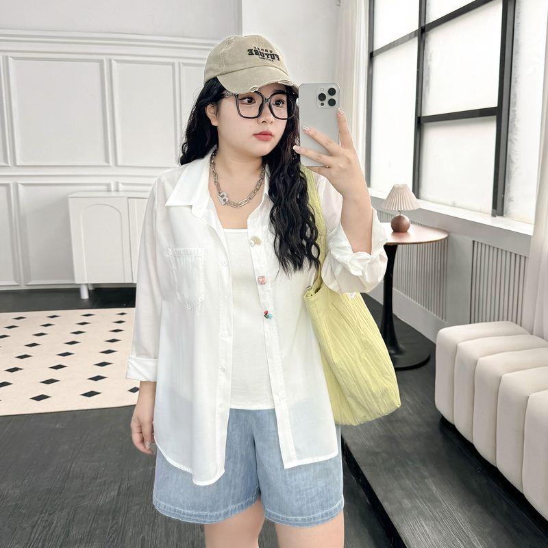 

Plus size women clothing [Summer Atmosphere] Simple Casual Temperament 100.00kg Loose Color Buckle Sunscreen Thin Shirts Cheese White 8xl