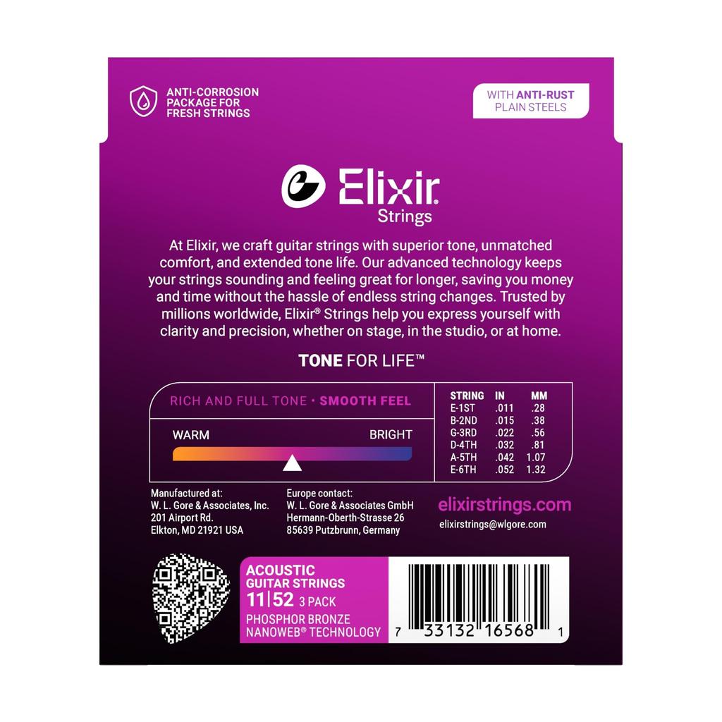 Elixir Acoustic Guitar Promotional NANOWEB Phosphor Bronze Custom Light Strings, 3-Pack Pack, .011-.052 #16568 (16027, 3-Pack)