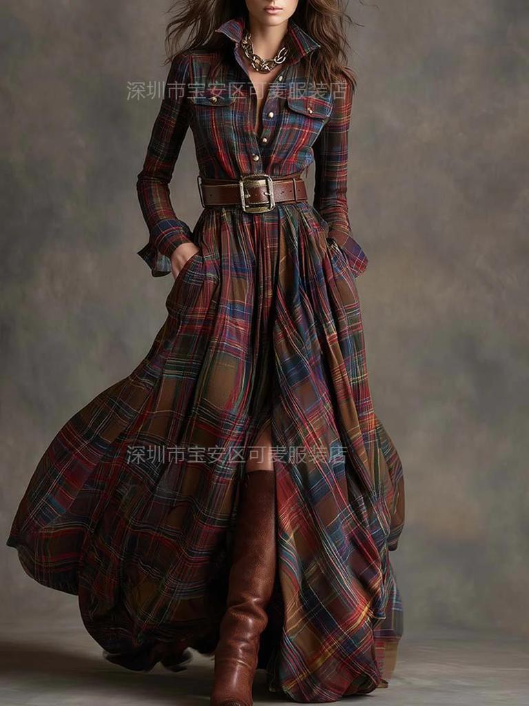 New retro plaid waist and thin irregular design lapel long-sleeved dress women