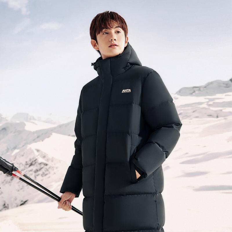 Anta Letter Zipper Hooded Long Snow Shell Down Jacket Men Outerwear Basic-Black 952348902-2