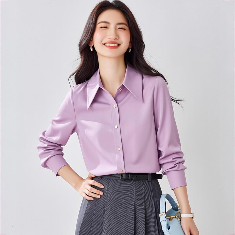 Women's Chic Early Spring Glossy Satin Long-Sleeve Shirt - Fashionable High-End Office Wear