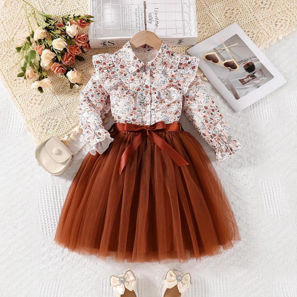 Pastoral Floral Girls' Two-Piece Set: Bow Waistband Top & Mesh Ruffle Skirt