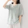 Cotton V-neck Summer New Cotton Linen Shirt for Women Literary Loose Pullover Embroidery Short-sleeved T-shirt for Women Embroidered Top