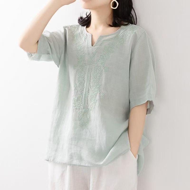 Cotton V-neck Summer New Cotton Linen Shirt for Women Literary Loose Pullover Embroidery Short-sleeved T-shirt for Women Embroidered Top