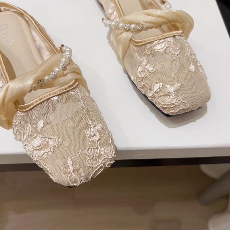 Chinese-style pearl mesh soft-soled sandals 2025 summer new shoes flat-bottomed bag head wear half slippers women