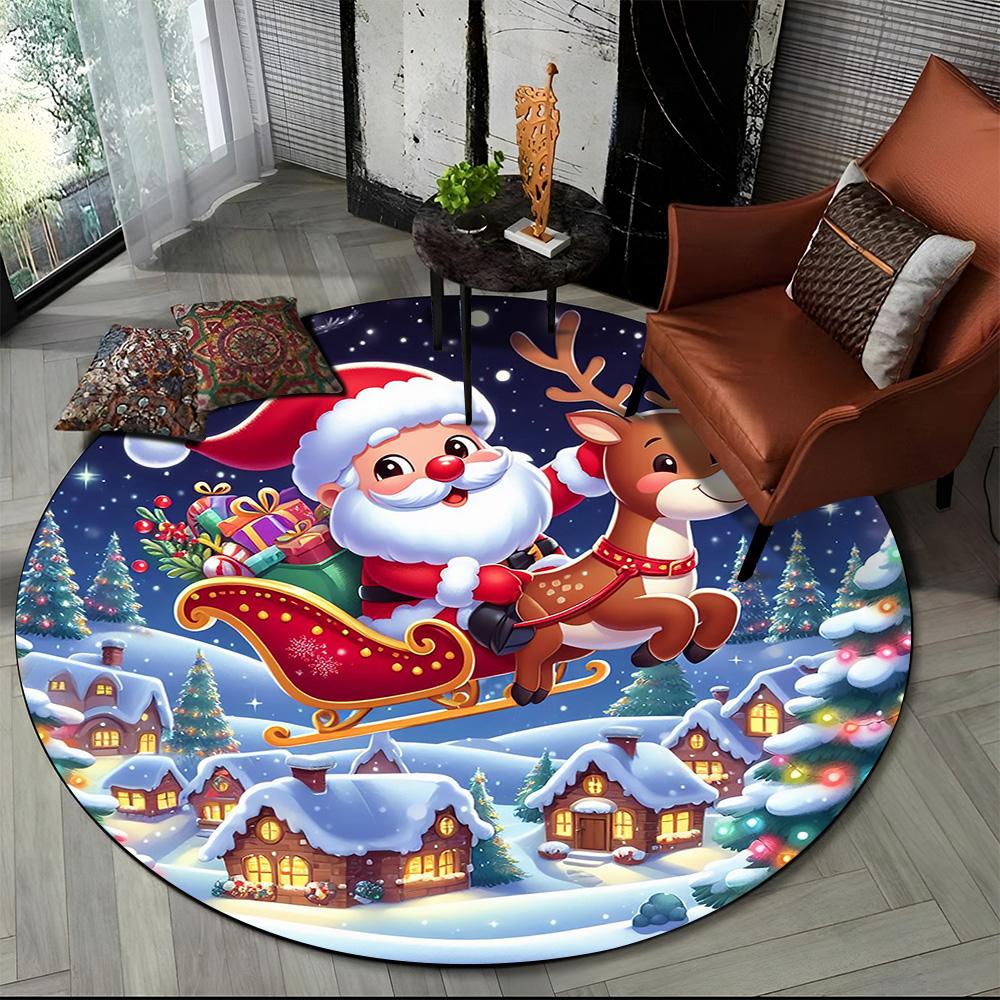 Cartoon Santa Claus Merry Christmas Snowman New Year Round Carpet Rug for Bedroom Living Room Sofa Decoration,Decor Floor Mat