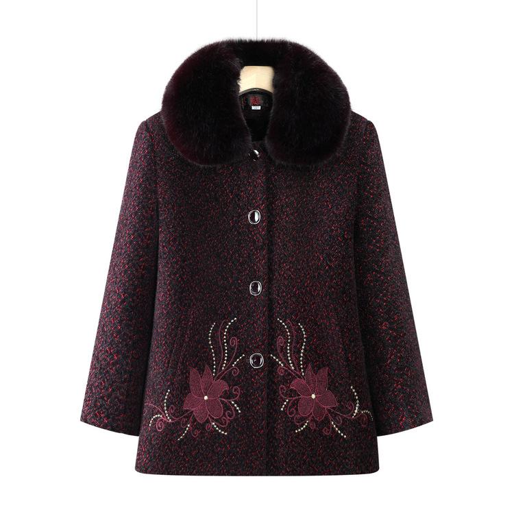 Elderly Autumn and Winter Clothes Female Grandma Jacket Plus Velvet Thickened 60-year-old 70-year-old Mother Woolen Coat Festive Wool Collar Top