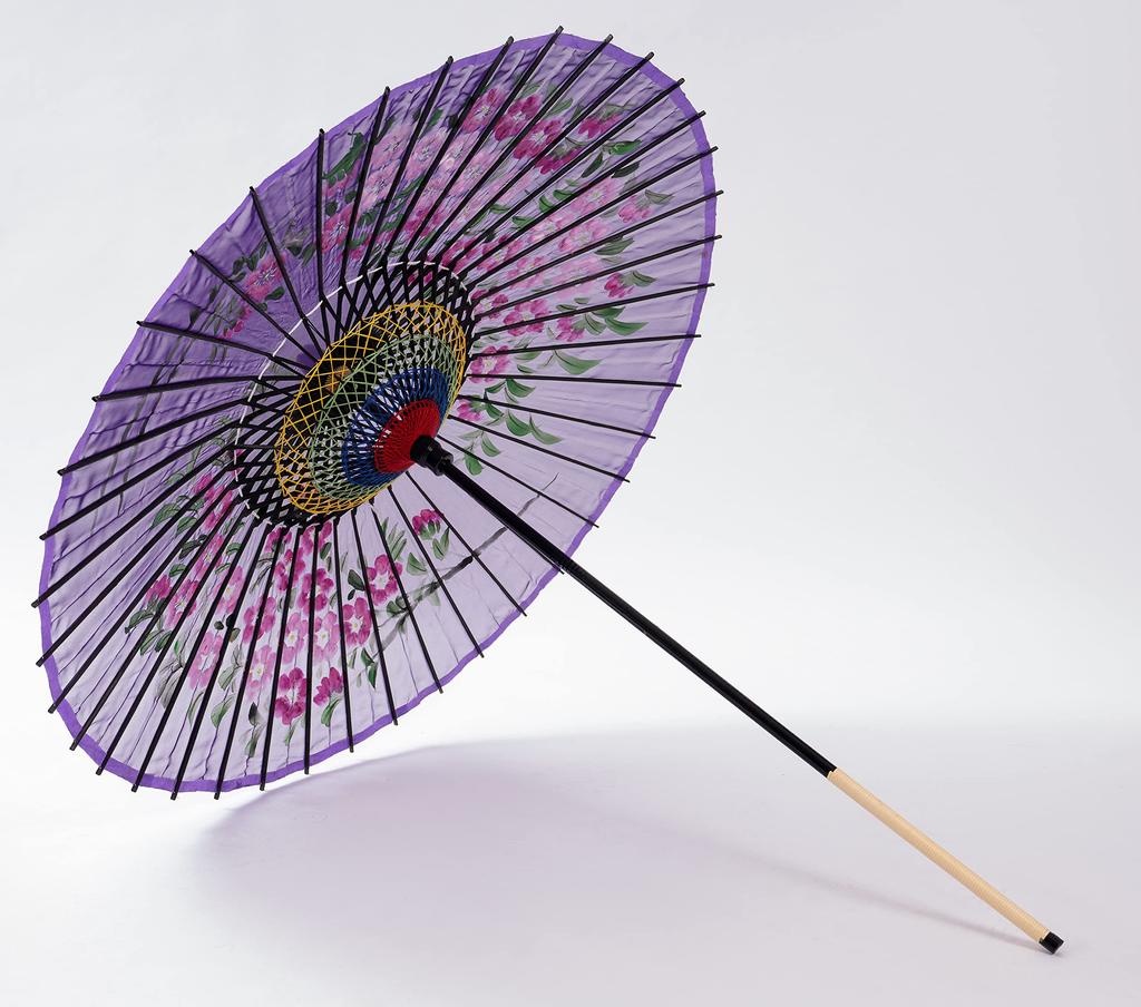 Yamamoto Bamboo Crafts Japanese Silk Umbrella with Cherry Blossom Design and Jointed Dancing Umbrella (YAMAMOTOTAKIZAYIKUYA) Handle, (Purple)