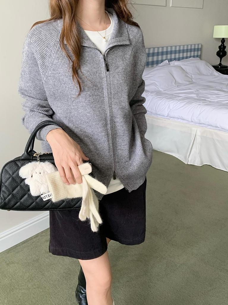 2026 Autumn/Winter Women's Pure Wool Zipper Stand Collar Knit Cardigan Sweater