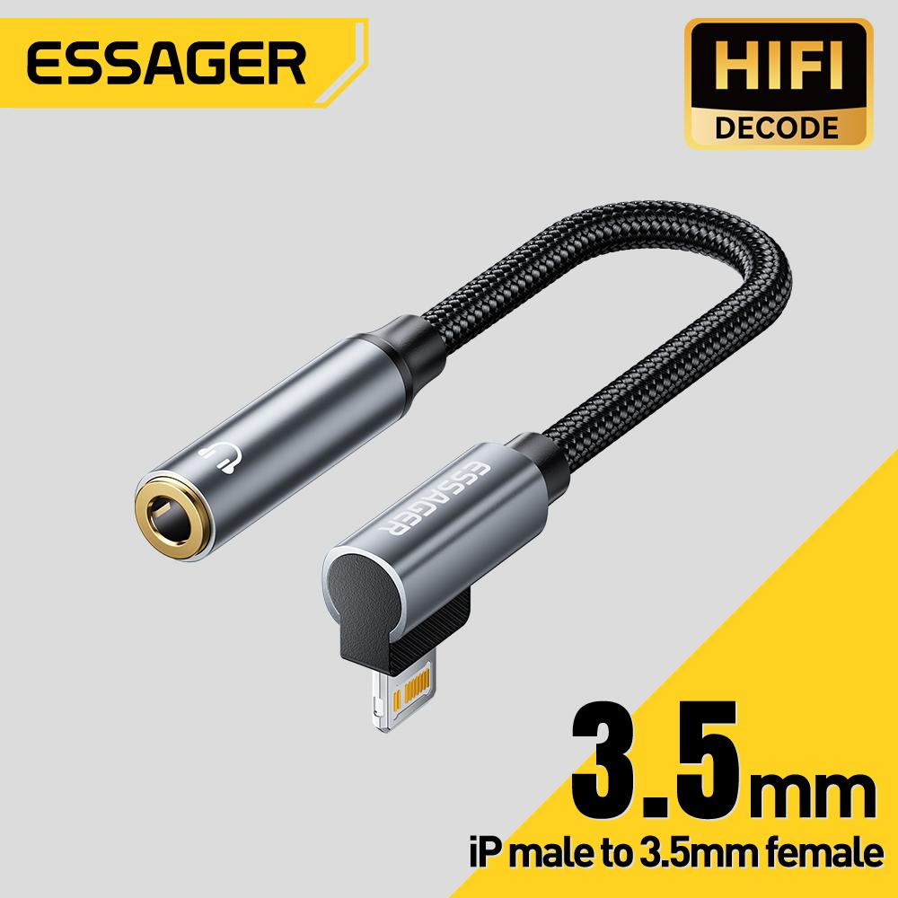 Essager L-shape 3.5mm Headphone Adapter - 90 Degree Audio Cable, Type C / Lightning To Jack Earphone Converter for iPhone 17 16 15 14, Samsung & iPad