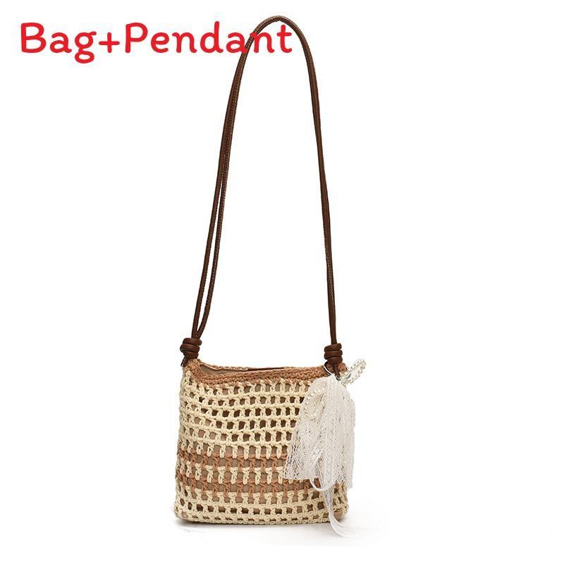 Simple Solid Color Woven Women Casual Shoulder Crossbody Bag With Pendant For Casual Beach Vacation And Daily Use