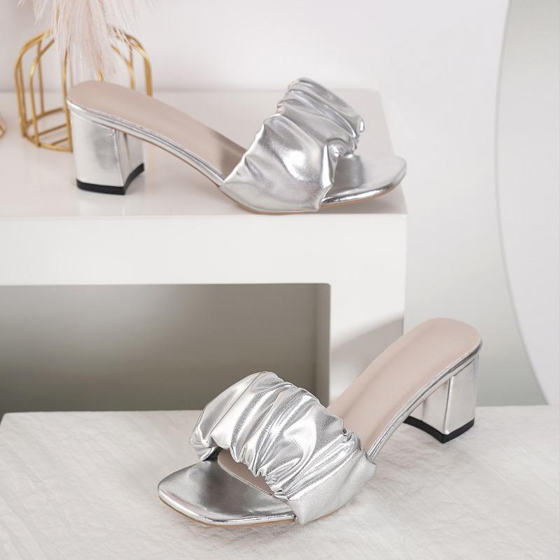 

High-heeled sandals women s summer new thick high-heeled slippers square head versatile fashion pleated one-word slippers 42 серебряный