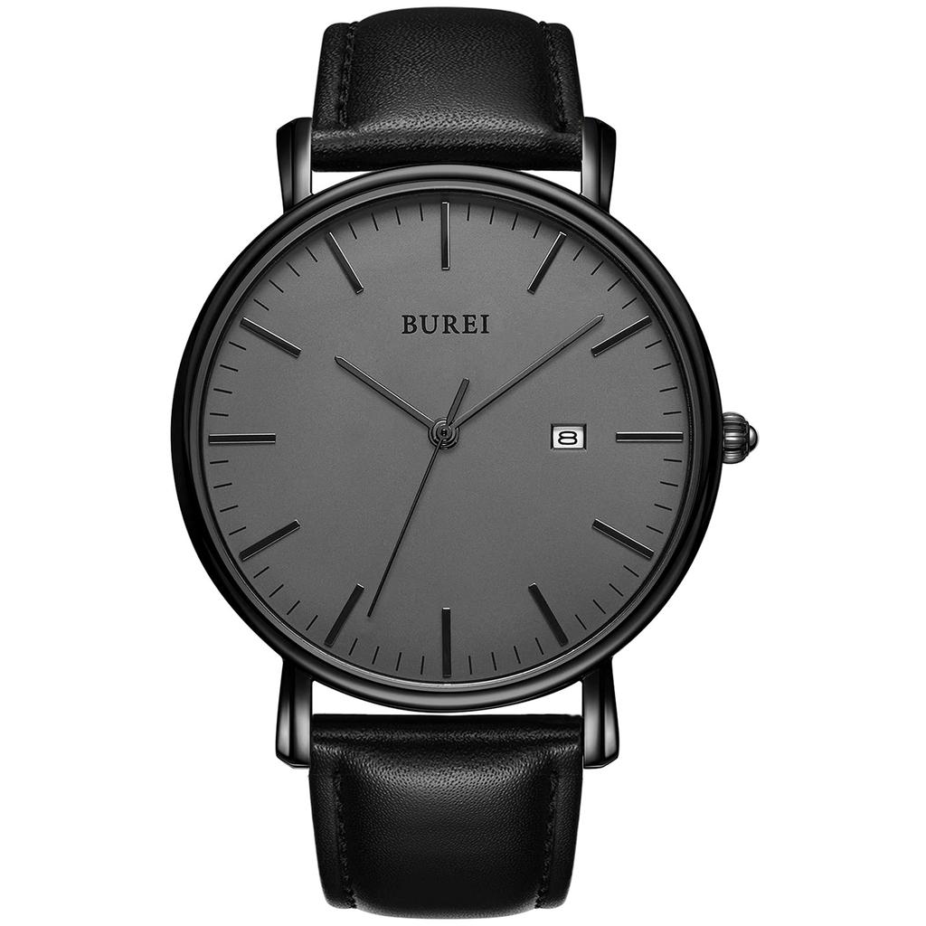 BUREI Men's Stylish Analog Quartz Watch, Simple, Slim, Casual Design, Date Display, Waterproof, Popular Brand, Black Leather Strap [Parallel Import]