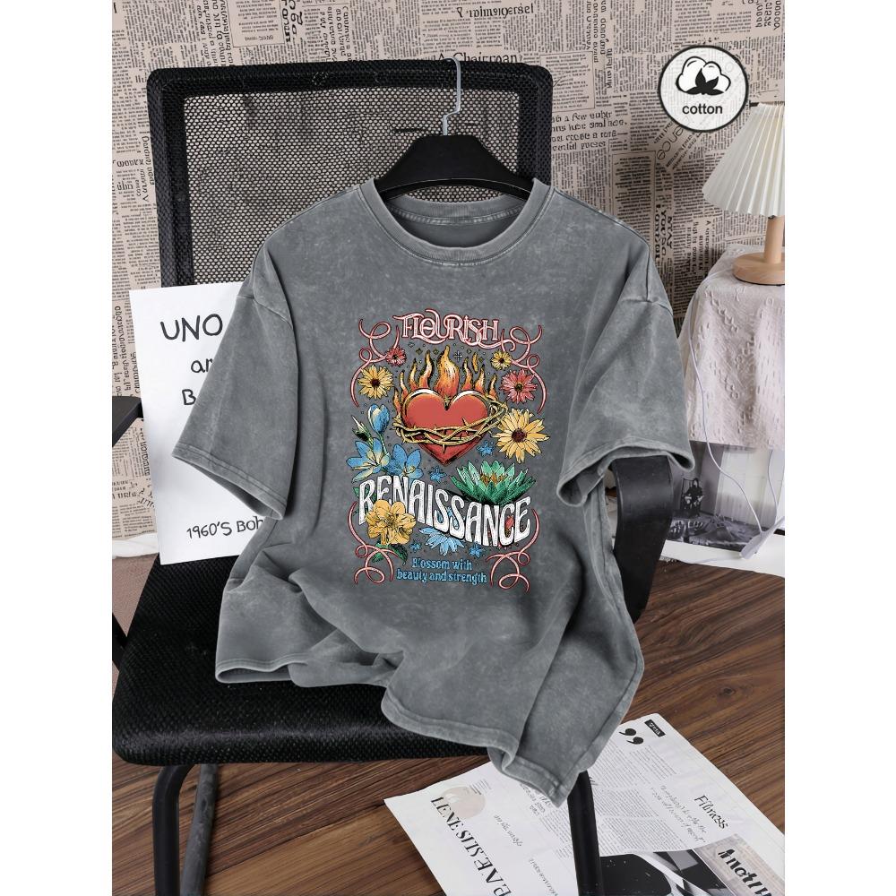Renaissance Printing Washed T Shirts Woman Cotton Oversized T-Shirt Casual Summer Short Sleeves Y2K Womens Clothes