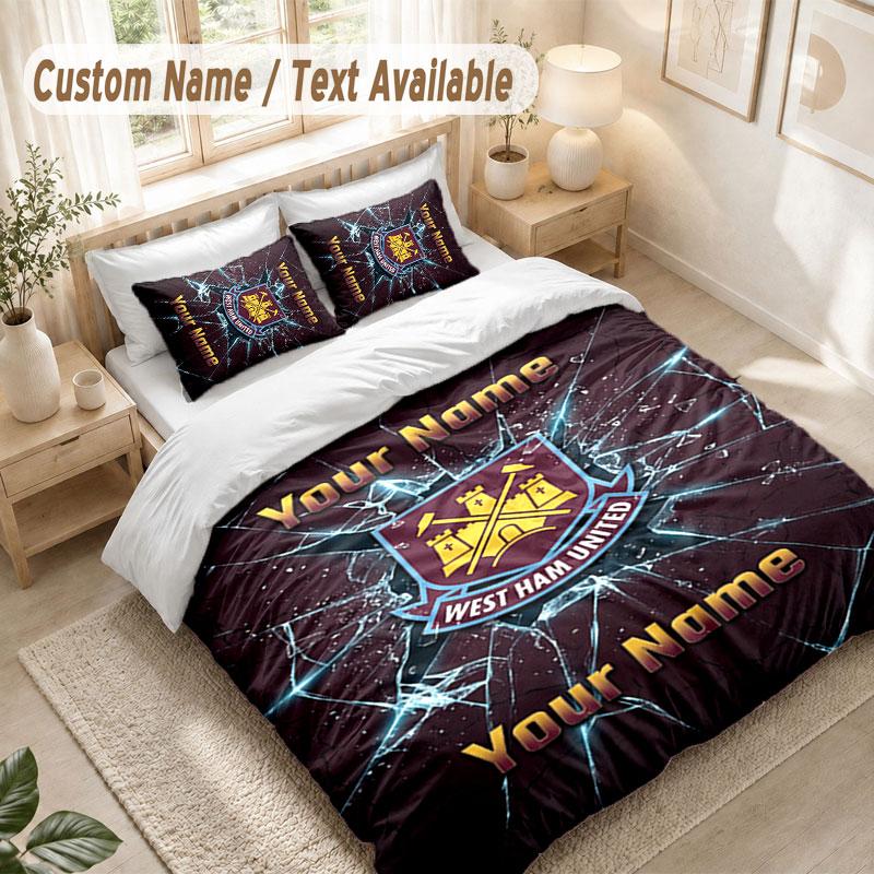 Custom Name Bedding Set 3 PiecesWest Ham United FC Print Duvet Cover + 2 Pillowcases Soft Bed Decor