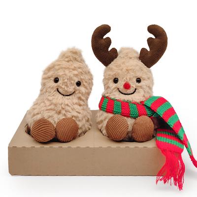 Jouets en Peluche de Noël Cacahuète et Renne 17cm Animaux en Peluche Flous avec Bois Nez Rouge Écharpe Poupée Douce pour Enfants Cadeau Décoration de Maison