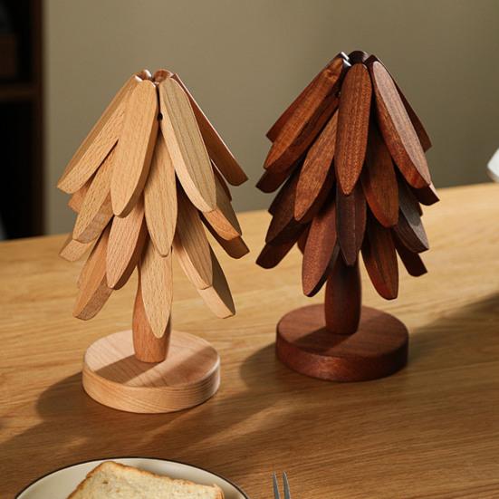 5Pcs Wooden Tree-Shaped Coasters with Base Heat-resistant Drink Placemats Pot
