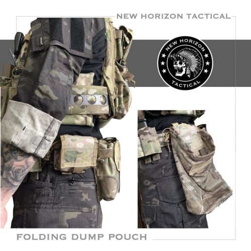NEW HORIZON Folding Dump Pouch Multicam Mesh Roll-Up Foldable Dump Pouch Utility Pouch Multicam Mesh Molle Compatible Airsoft (Multicam)