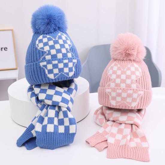 2Pcs/Set Children Hat Scarf Set Plush Ball Decor Thickened Velvet Lining Windproof Kids Winter Hat Scarf Set