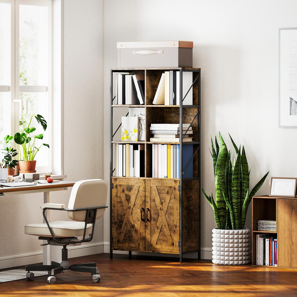 Bookshelf With 6 Open Compartments And Adjustable Shelf For Living Room Office 75x34x172 Cm Rustic Brown