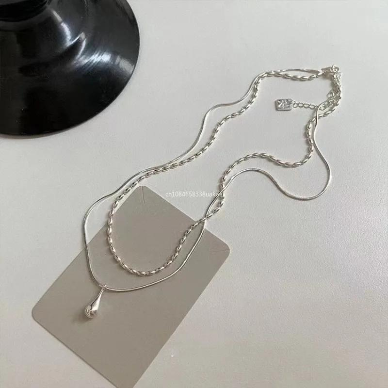 Silver Simple Design Drop Pendant Necklace for Women Double Collar Chain Fashion Fine Jewelry Gifts Long Layered Necklace