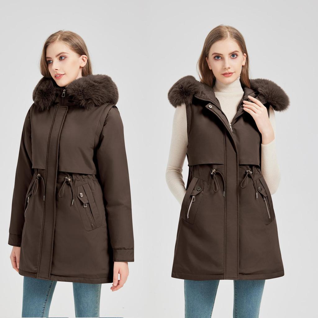 Dames Parka Winterjas met Capuchon, Winddicht, Dikker, Warm, Katoen Gevoerd, Afneembare Mouwen