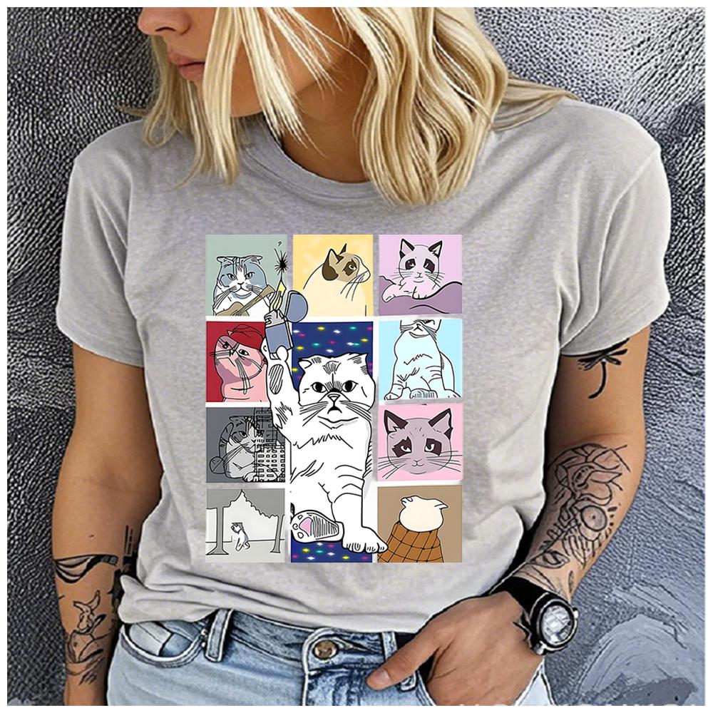 men and Women's Polyester 100%Cat gathering Print T-shirt Loose round Neck Casual Short Sleeve Fashion Top Clothing Summer