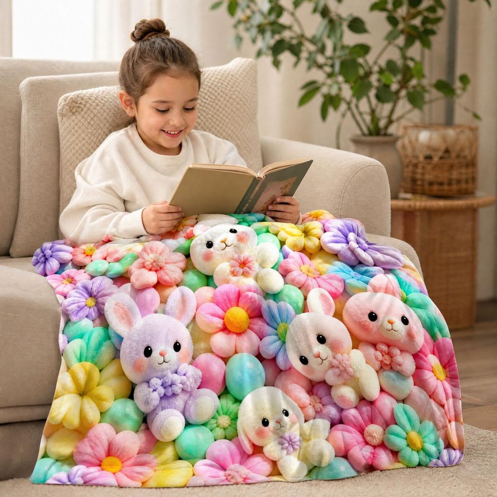 3D Plush Bunny Blanket for Kids, Soft Floral Print Cozy Throw Blanket for Bedroom and Couch