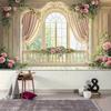 2D Romantic Balcony Backdrop Ornate European Window with Pink Roses Photography Background