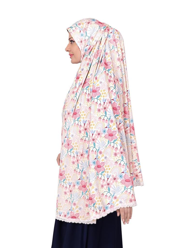 Markaz Hijab Women's Polyster Fabric Floral Pattern with Lace Trim Namaz Makhna Hijab Free Size, Pink