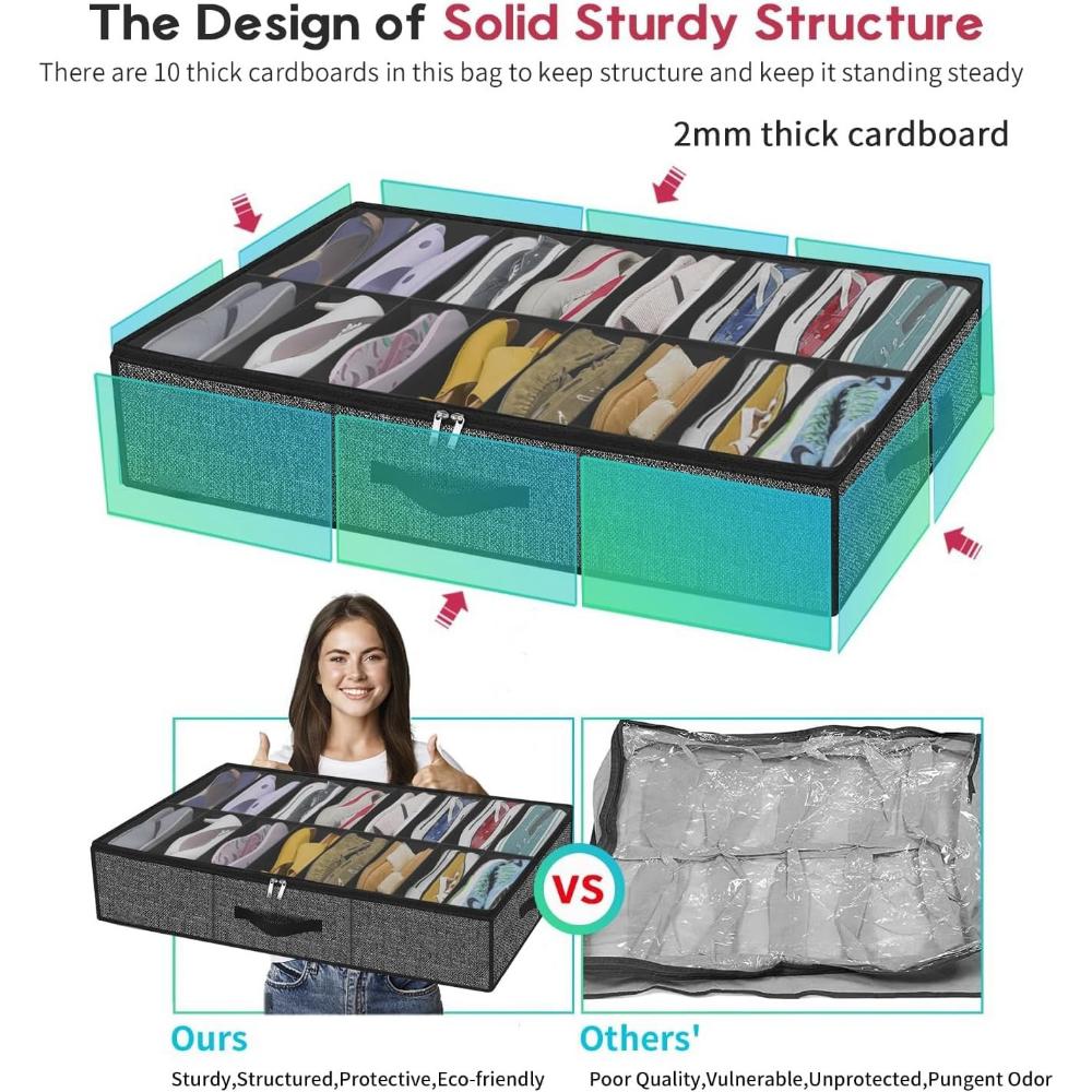 Shoe Storage Organizer box for Under Bed, Fit 12 Pairs, Collapsible Closet Underbed Shoes Container Bags with Reinforced Handles