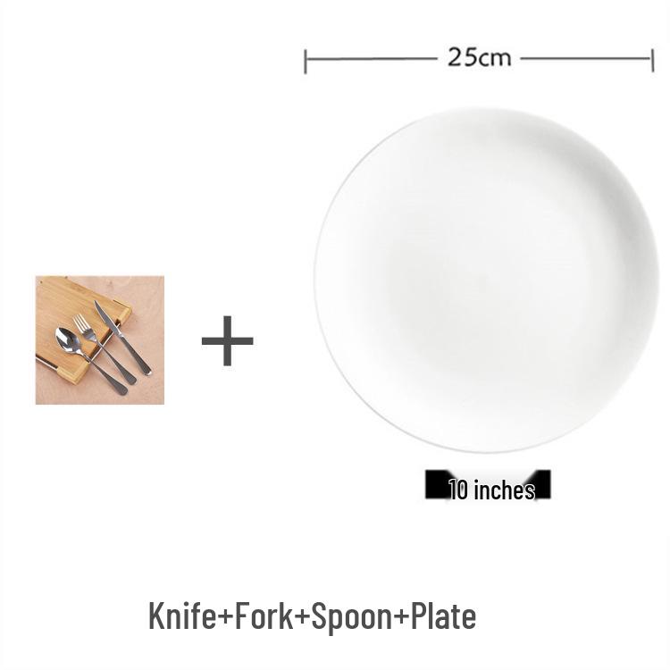 Thickened Stainless Steel Cutlery Set: Ceramic Plate, Steak Knife, Fork, Spoon - Three-Piece Western Dining Set
