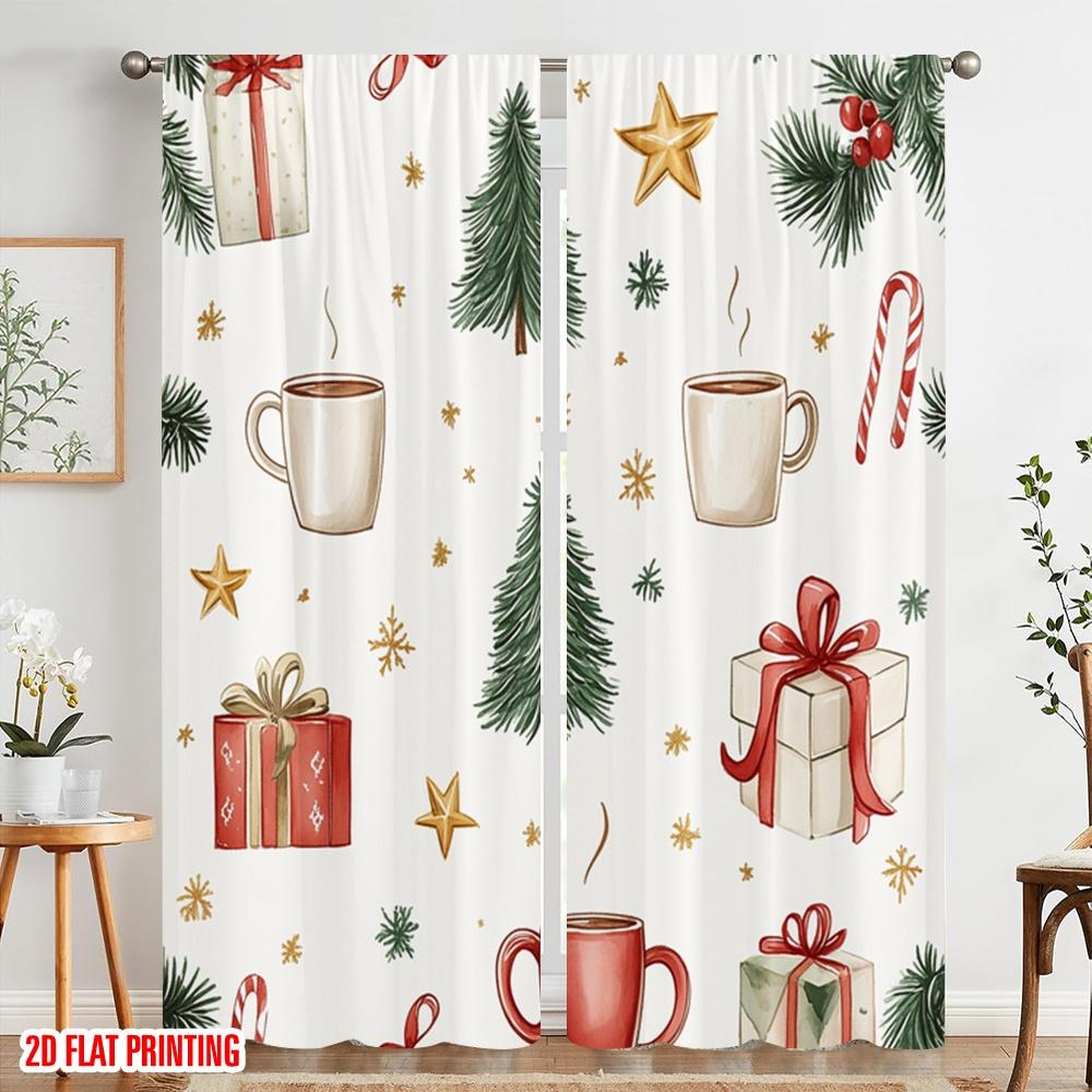 2pcs,2D Plane Printing Window Curtain Christmas Tree Gift Mug Snowflake Polyester (without Rod) Festive Ldeal for Bedroom,