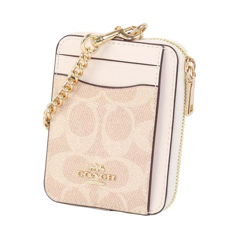 Coach Card Holder Zip Top Case 8 Brand Logo Metal Zipper Closure Artificial Leather and Recycled Leather Women's Sand Sand Yellow and Chalk White