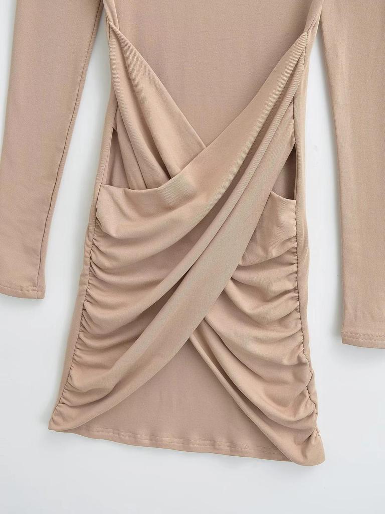 European-Style High Neck Long Sleeve Fleece Dress - Pleated Hot Girl Hip Wrap Skirt