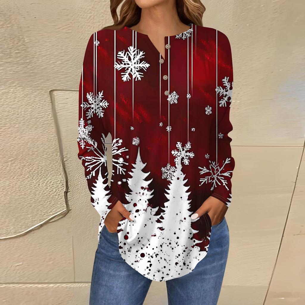 Women's Fashionable Loose-Fit Button-Down Collar Christmas Print Long-Sleeved Top