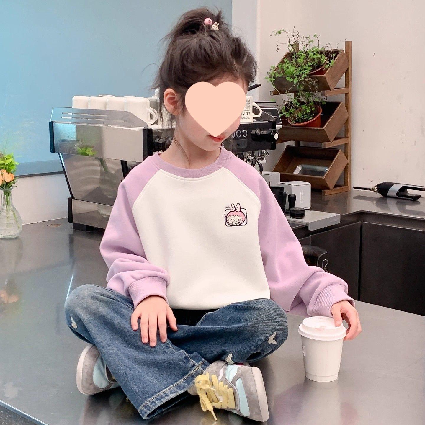 Winter Fleece Lined Thick Girls Sweatshirt Korean Block Cute Warm Top 110
