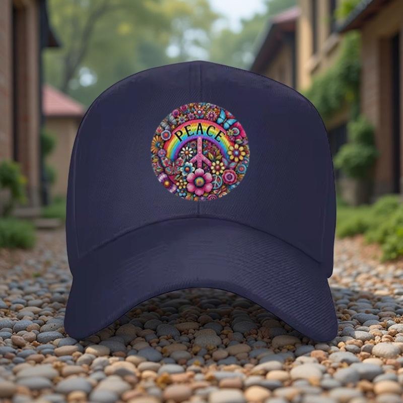 Peace Sign Hippie Rainbow Floral Print Baseball Cap Unisex Cotton Adjustable Casual Summer Hat