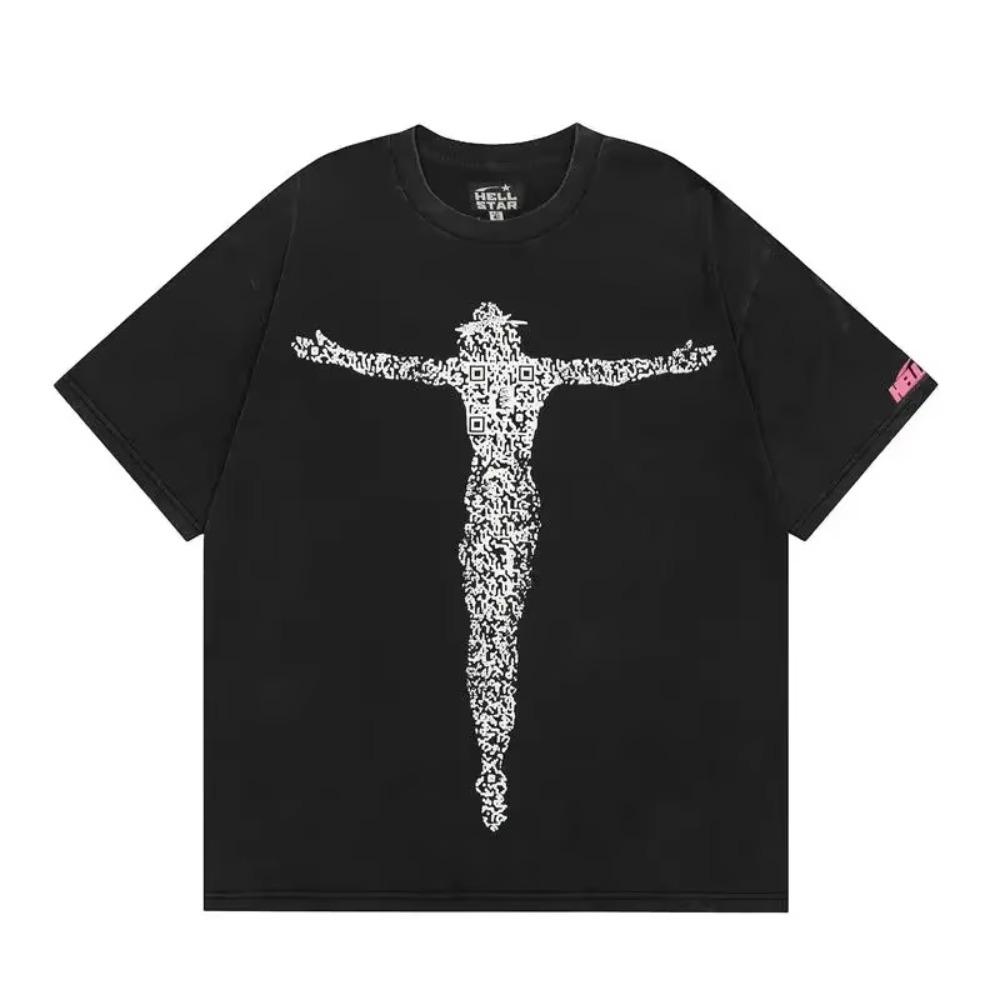 Hells Hell Star Washed Old Fashion Volný Pánský a Dámský Styl Pár Posádkový Krk Krátký Rukáv Tričko