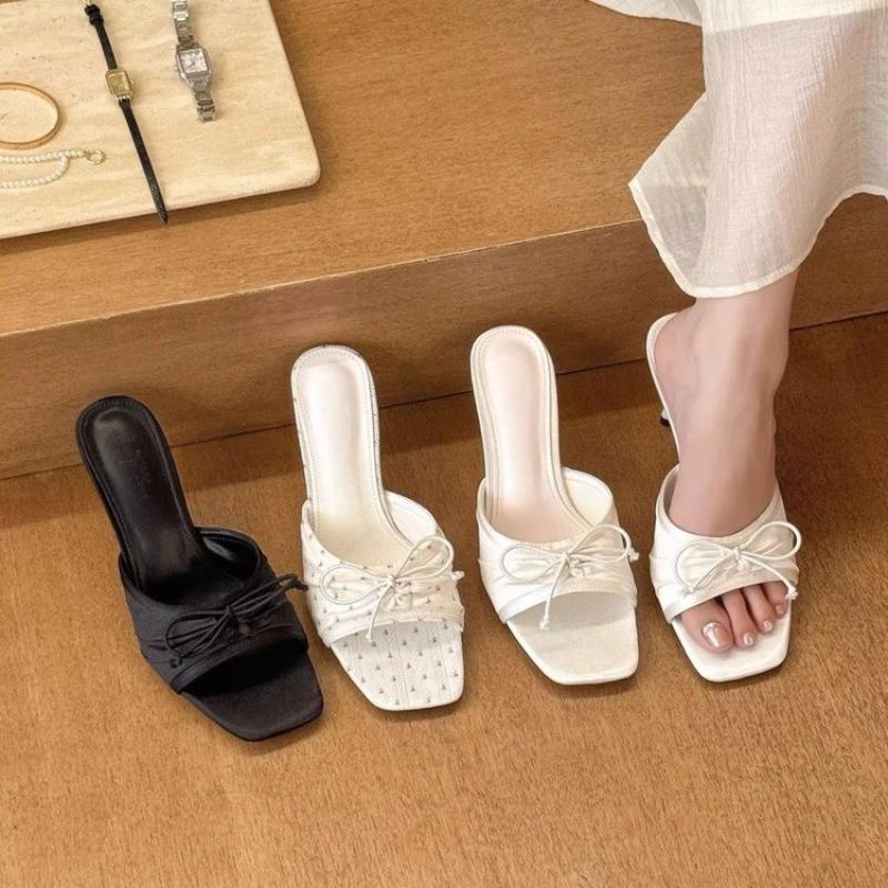 New Summer Women Square Toe High Heel Slippers Fashionable Butterfly-knot Dress Slide Ladies Evening Party Sandals Zapatos Mujer