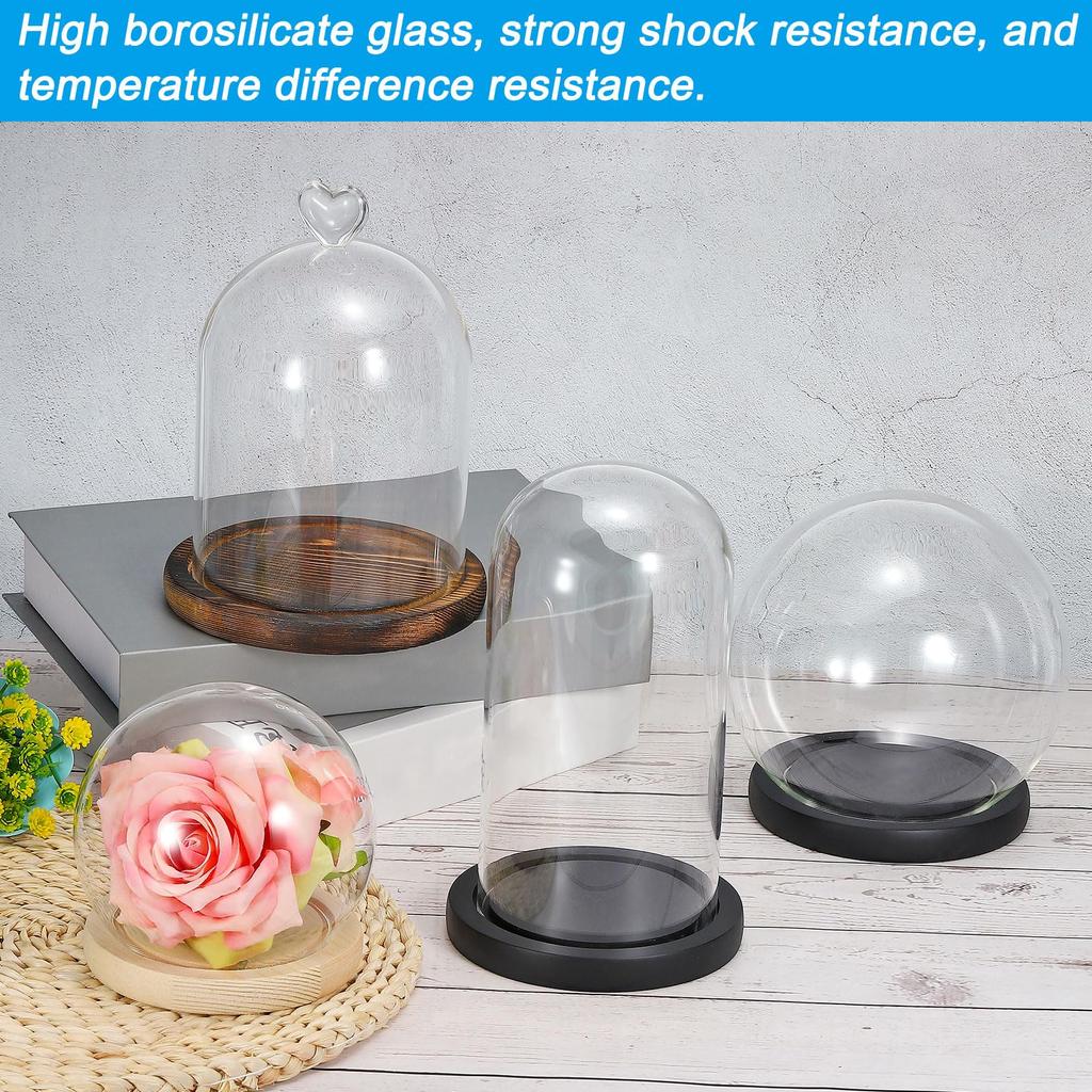 PATIKIL 18,5 x 15 cm Klarer Glasglocken-Dom, Glasglocken-Vitrine, Tischmittelstück mit Schwarzem Holzsockel für Weihnachts-Heimdekoration