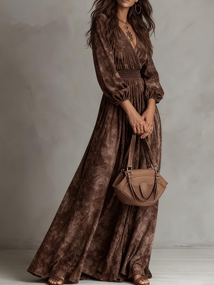 Bohemian Retro Tie-Dye V-Neck Waist-Cinching Long Skirt - 2026 Spring/Autumn Collection