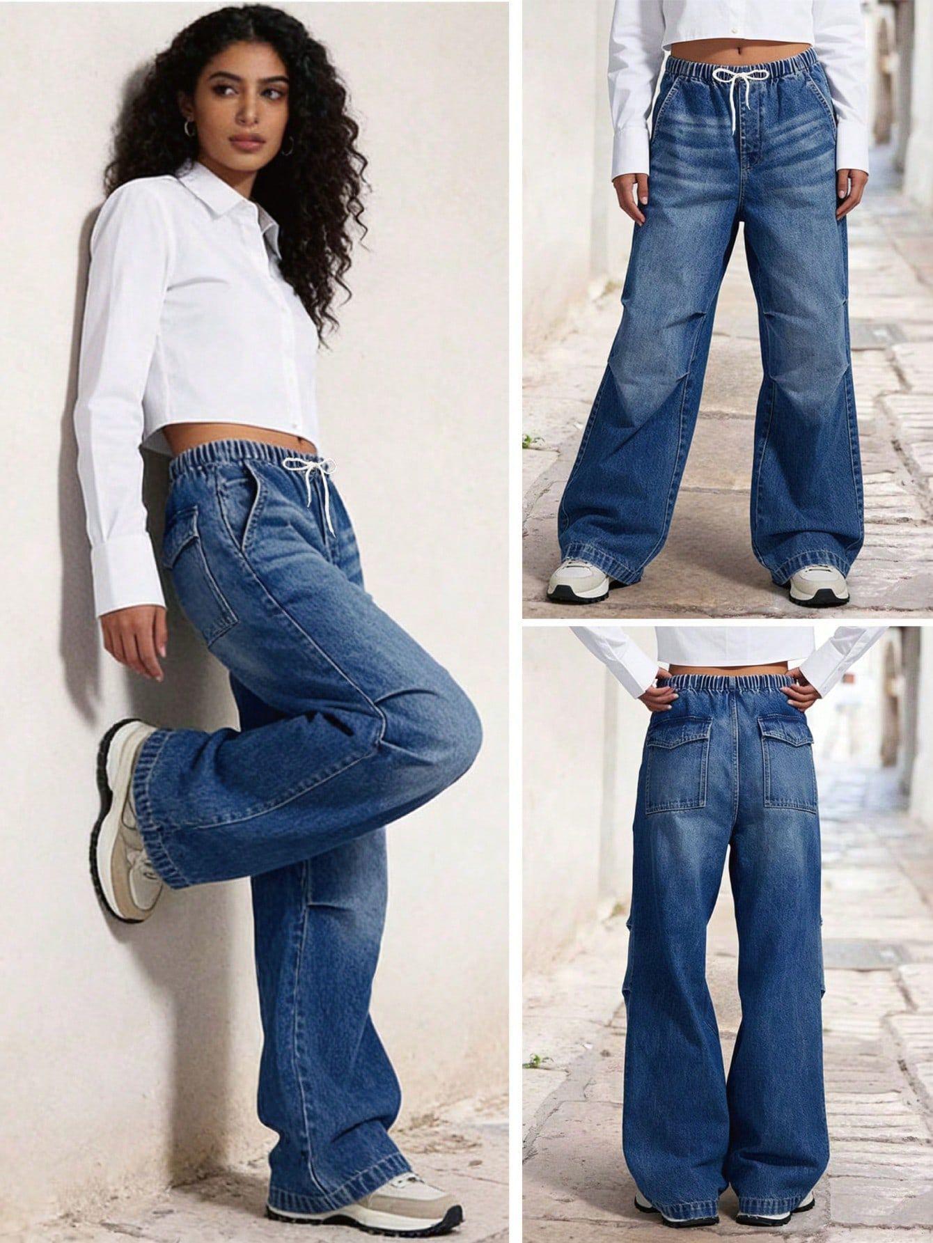 

Women s Casual Stretchy Denim Drawstring Pants Small синий