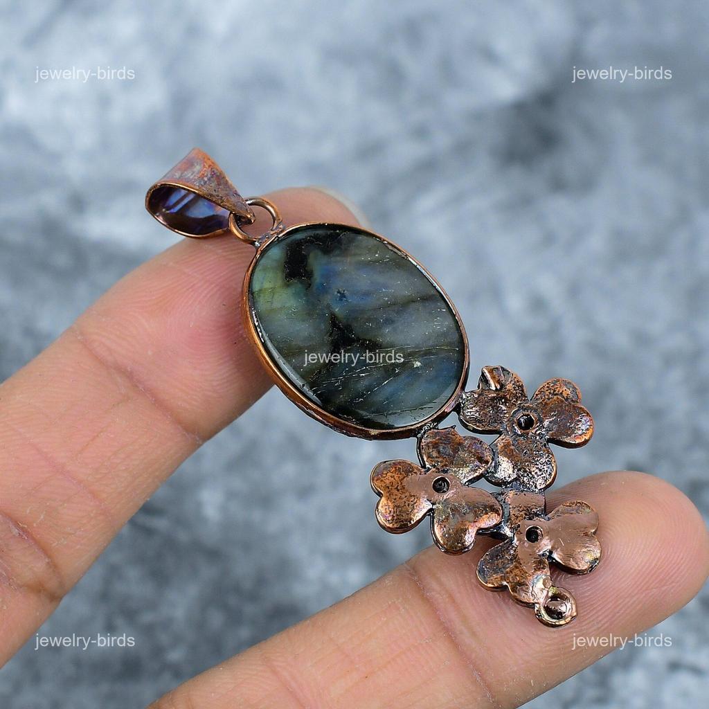 Round Labradorite Stone Copper Unique Anniversary Wedding Electroformed Pendant VP-16