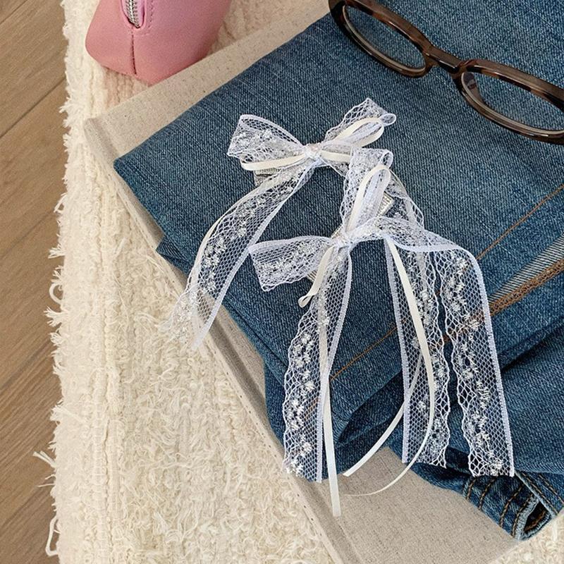 2Pcs Korean Lace Bow Hair Clip Trend Long Ribbon Hairpins Barrettes Headband For Women Girl Hair Accessories