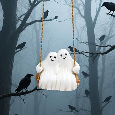 Halloween Ghost Ghost Ornaments For Tree Cute Aesthetic Resin Swinging Couple Statue For Kitchen Branch Home Rearview Mirror