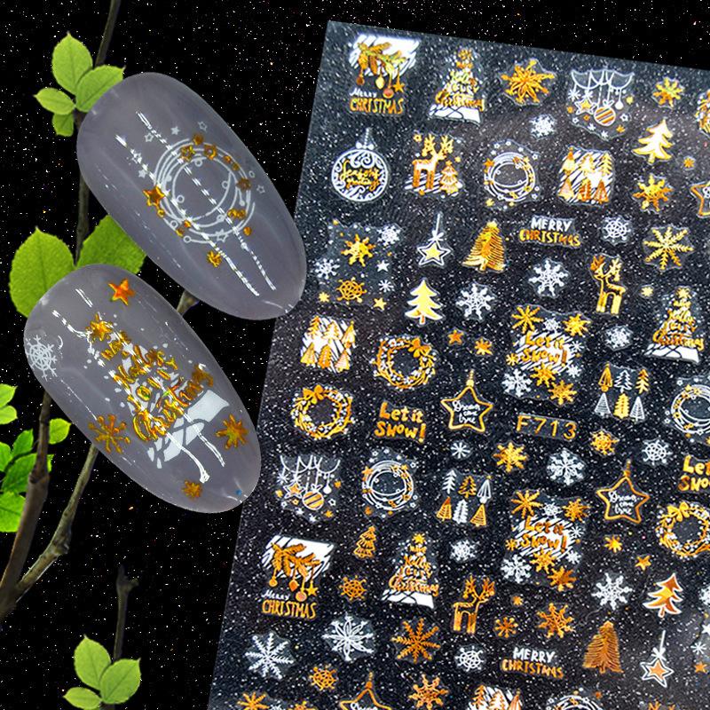 1 Pc 3D Snowflakes Leaf Geometry Lines Letter for Manicure Sliders Holographic Laser Gold White Christmas Nail Sticker