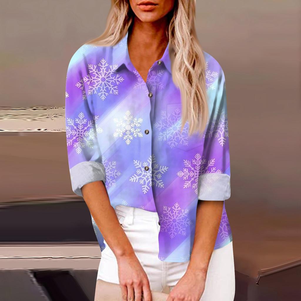 Women's Loose Casual Long-sleeved Christmas Print Shirt Print And Pocket Cardigan