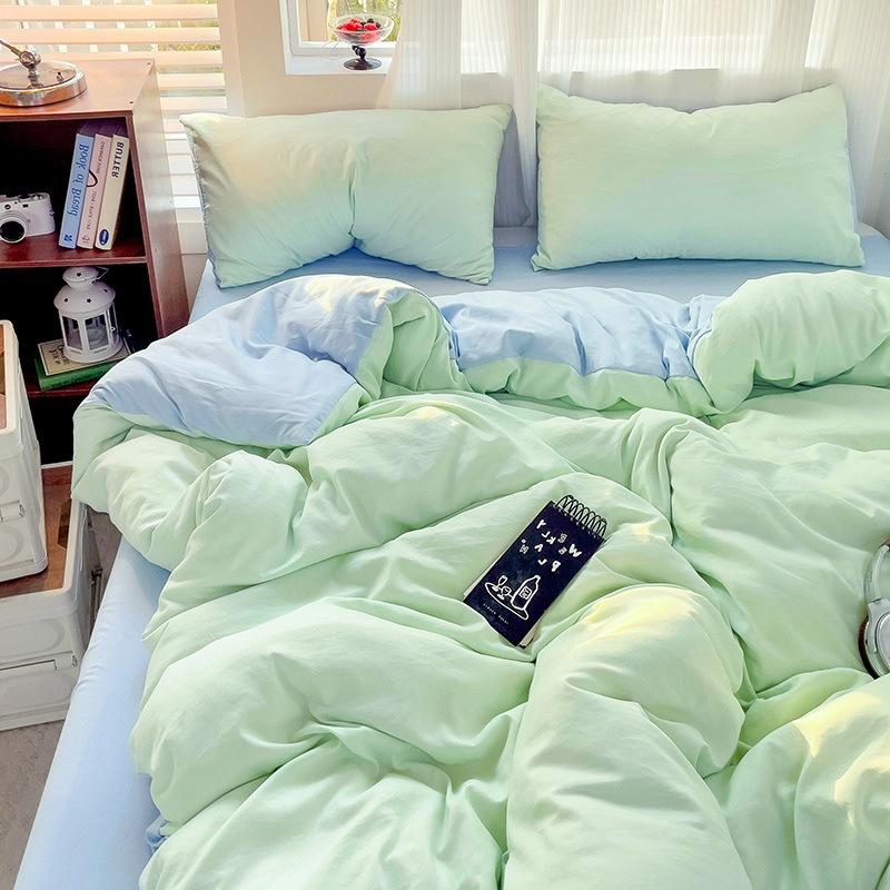Solid Color Spliced Washed Cotton Bedding Set Moisture Absorbing Breathable Bed Sheet Envelope Pillowcase Dust Proof Mattress Protective Cover