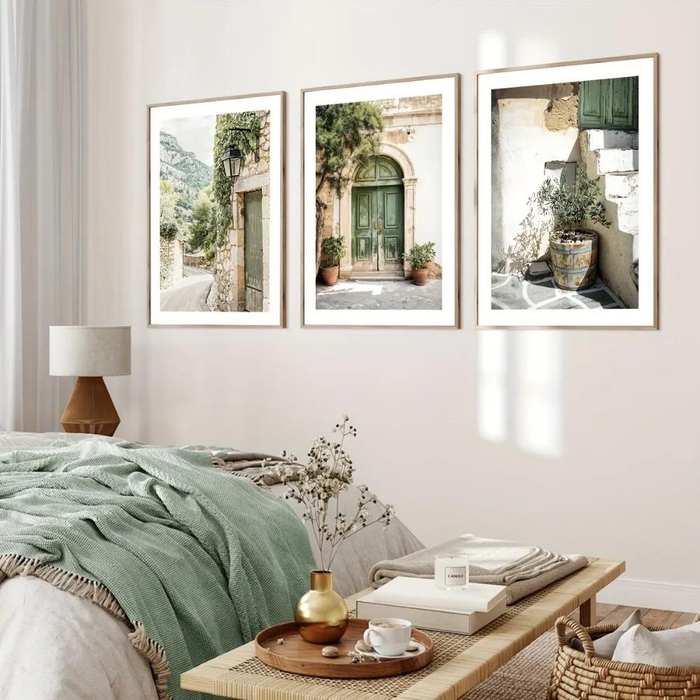 Frameless Bohemian Wall Art Green Bohemian Door Print Mallorcan Poster,Olive Tree Flower and Plant Theme Photography Decoration